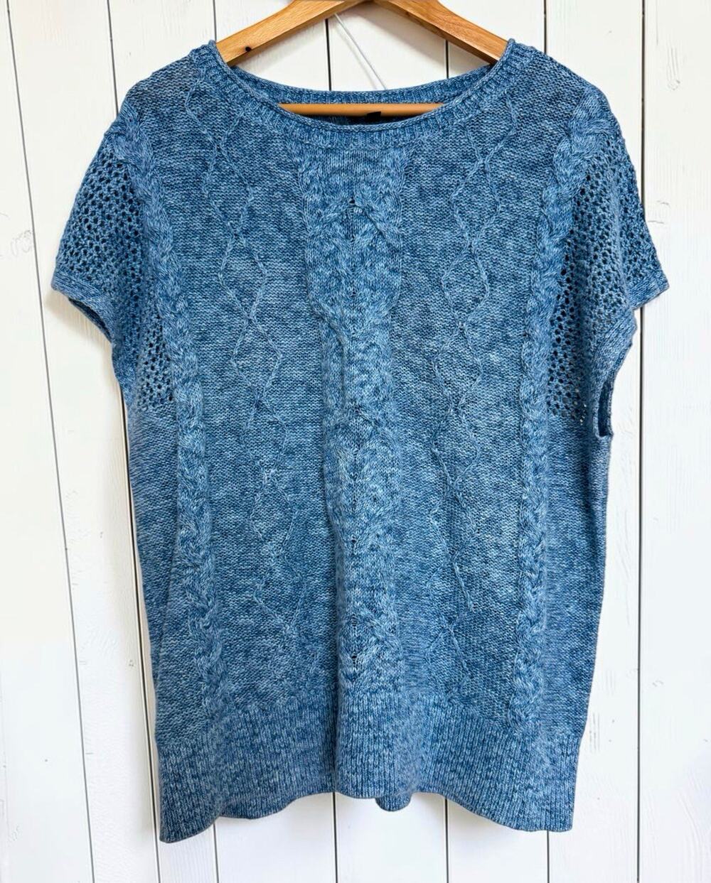 Talbots Women's Blue Cable Knit Short Sleeves Sweater Size XL Linen/Cotton